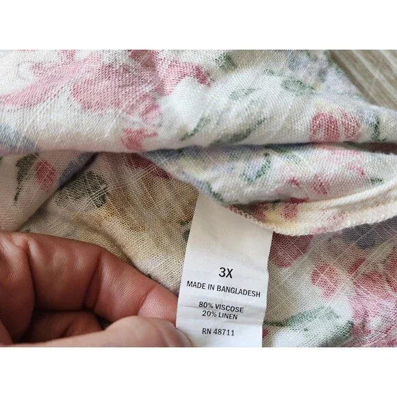 Falls Creek Linen Blend Floral Shirt Short Ruffle Sleeves V Neck Plus Sz 3X EUC - Picture 5 of 8